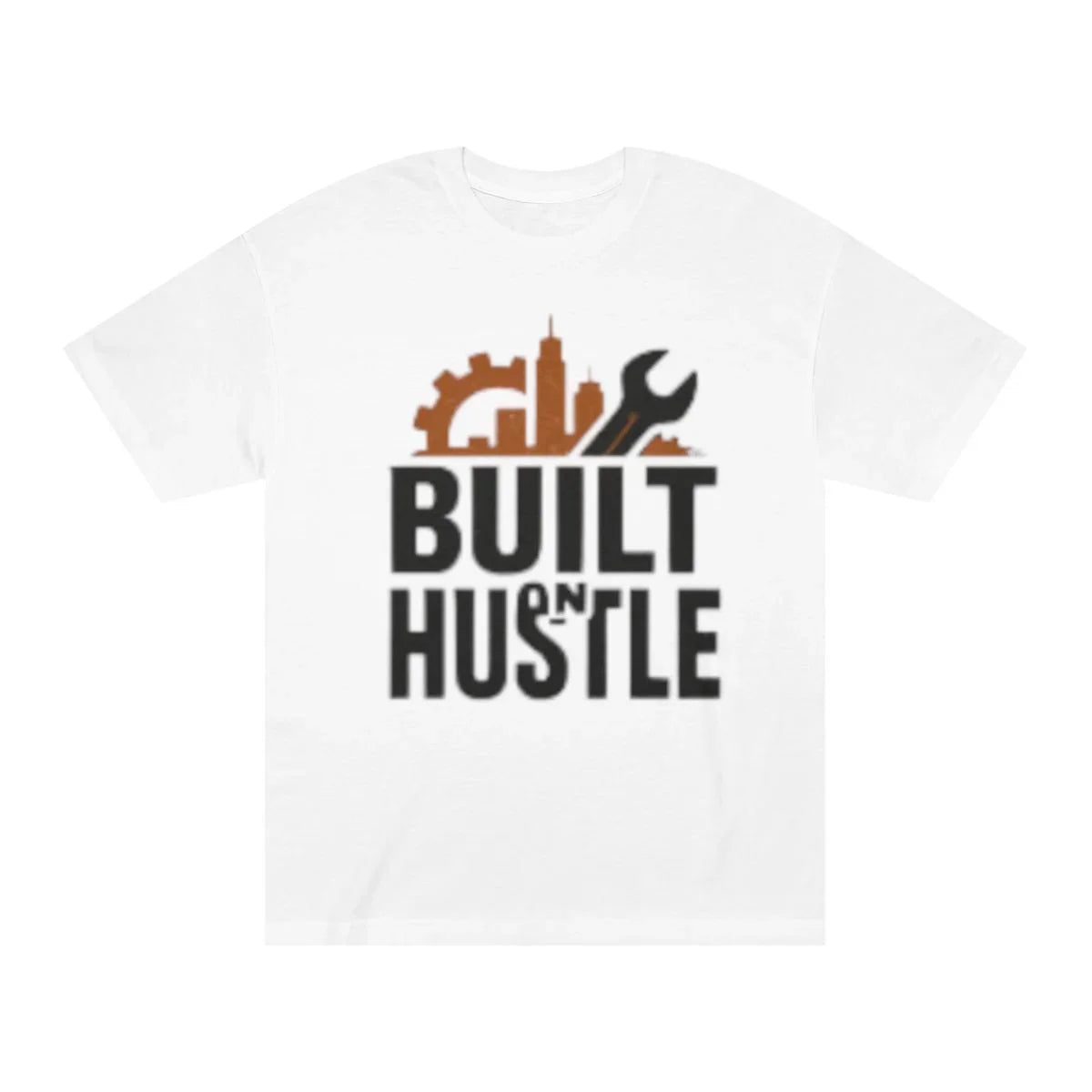 White t-shirt design with Built on Hustle text and gear wrench city graphic, A1 Business-Hub