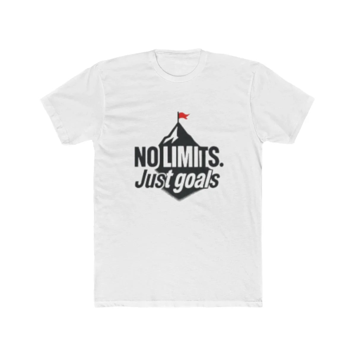 White t-shirt with No Limits Just Goals motivational design featuring mountain and red flag A1 Business-Hub