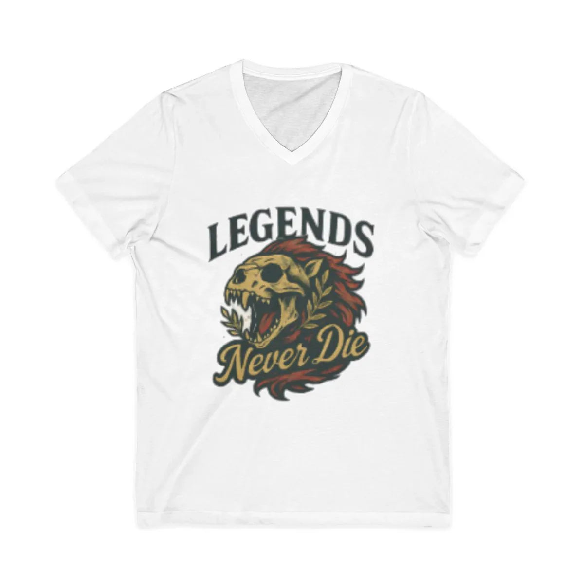White V-neck t-shirt with Legends Never Die lion skull design graphic print A1 Business-Hub