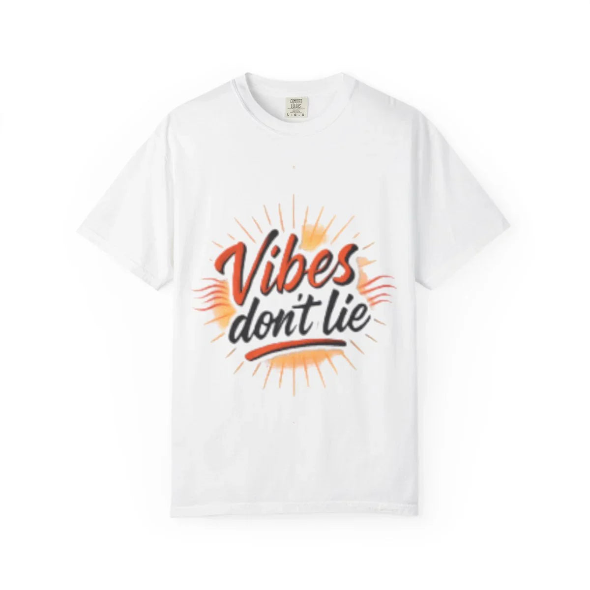 White t-shirt with orange and black Vibes don't lie graphic design, casual style, A1 Business-Hub