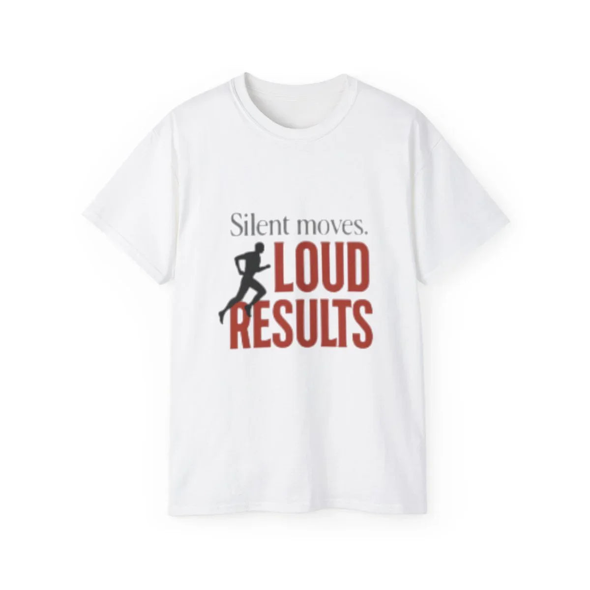 White t-shirt with motivational running quote 'Silent moves. Loud results' and runner silhouette design, A1 Business-Hub