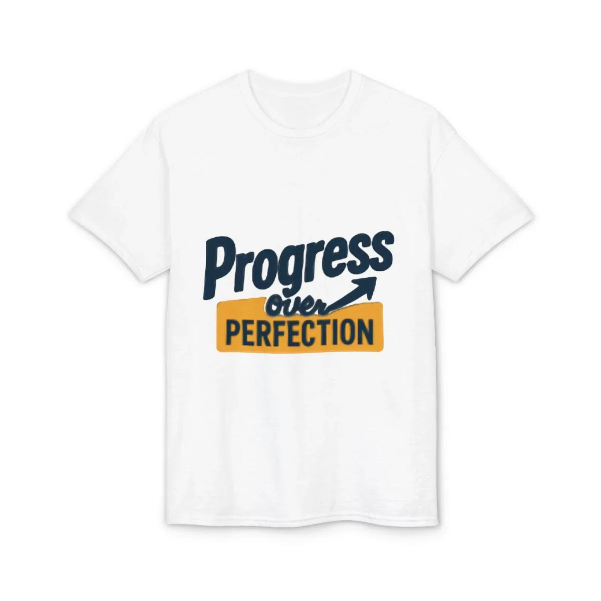 White t-shirt design with motivational text Progress over Perfection in blue and yellow A1 Business-Hub