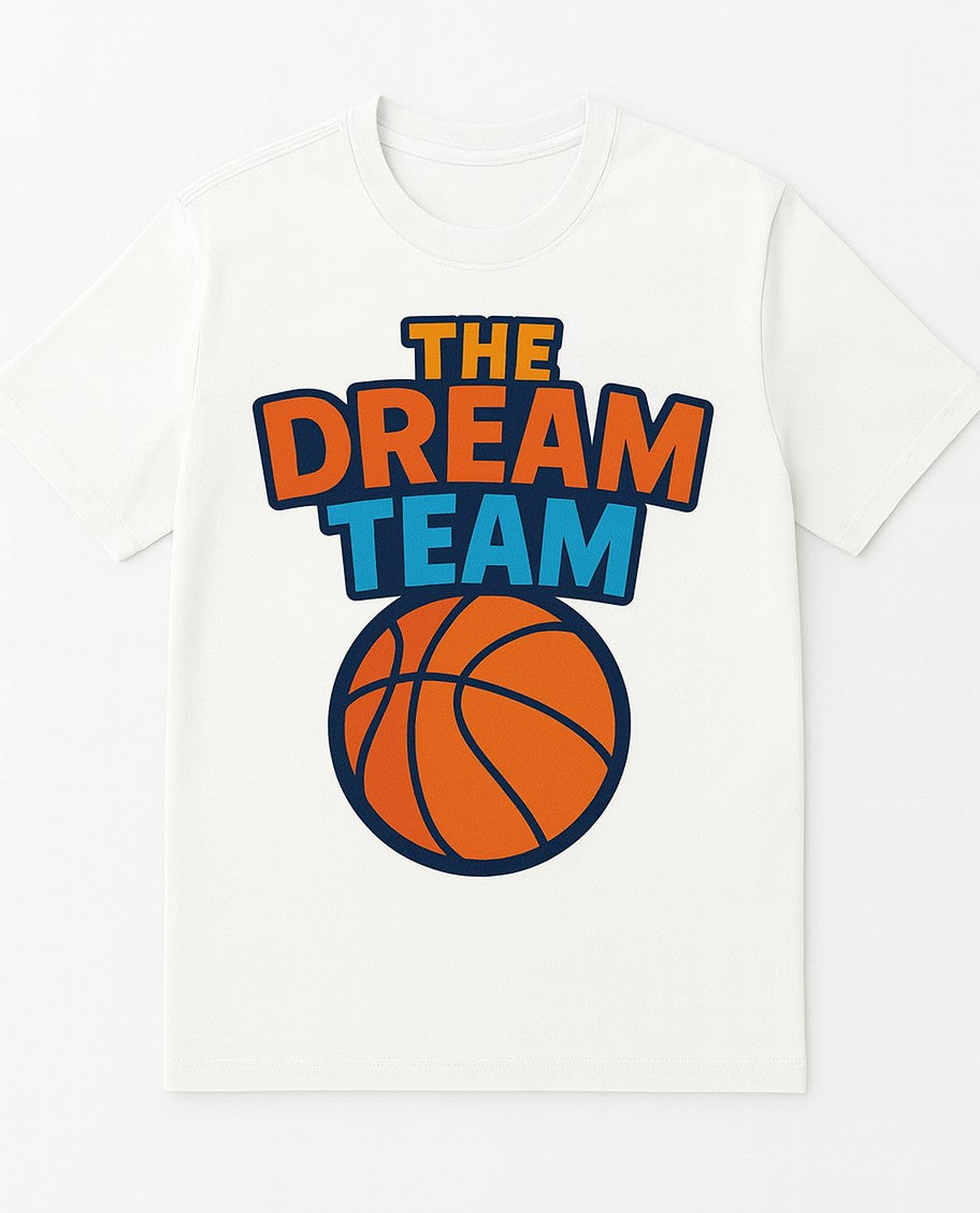 White t-shirt with The Dream Team text and basketball graphic design, sports casual wear, A1 Business-Hub