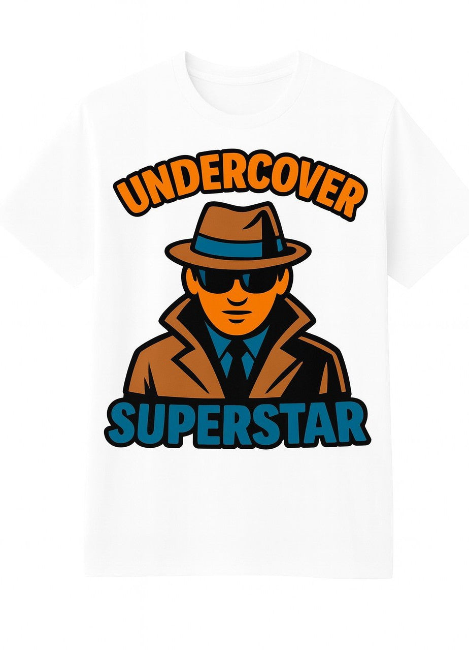 Undercover Superstar t-shirt design with cartoon spy figure in brown coat and hat on white tee, A1 Business-Hub