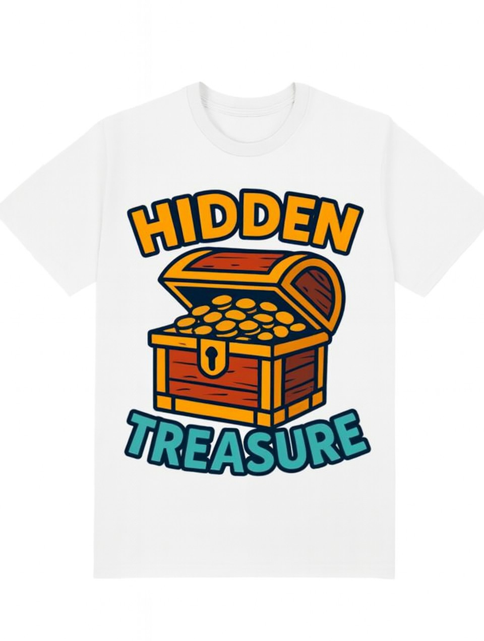 Hidden Treasure T-shirt design with colorful treasure chest graphic on white background A1 Business-Hub