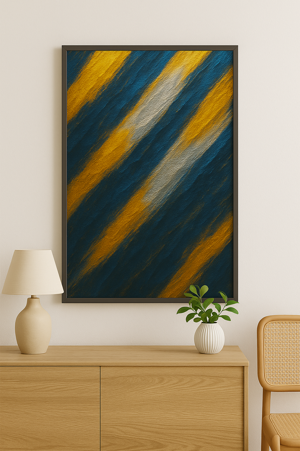 Abstract diagonal blue and yellow wall art painting poster design in modern room setting A1 Business-Hub
