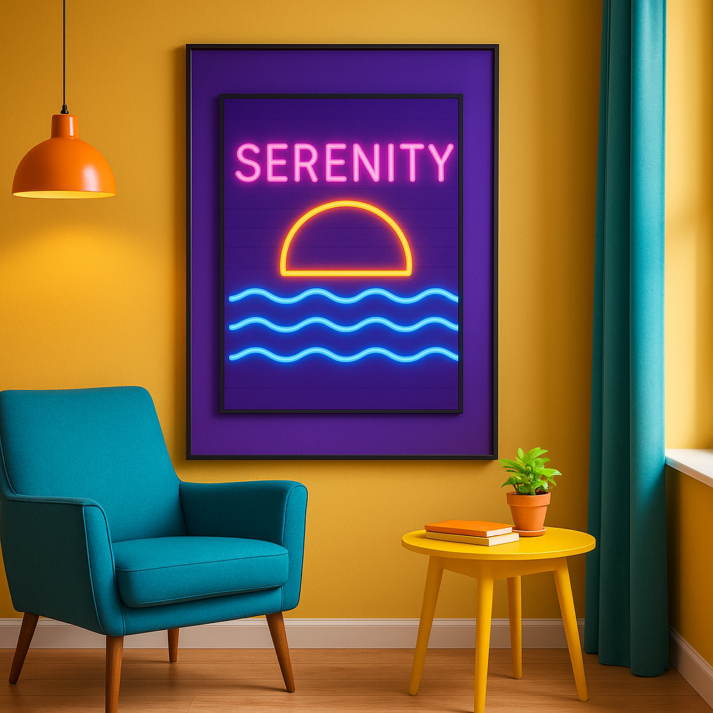 Serenity neon wall art poster design with sunset and waves in modern living room A1 Business-Hub
