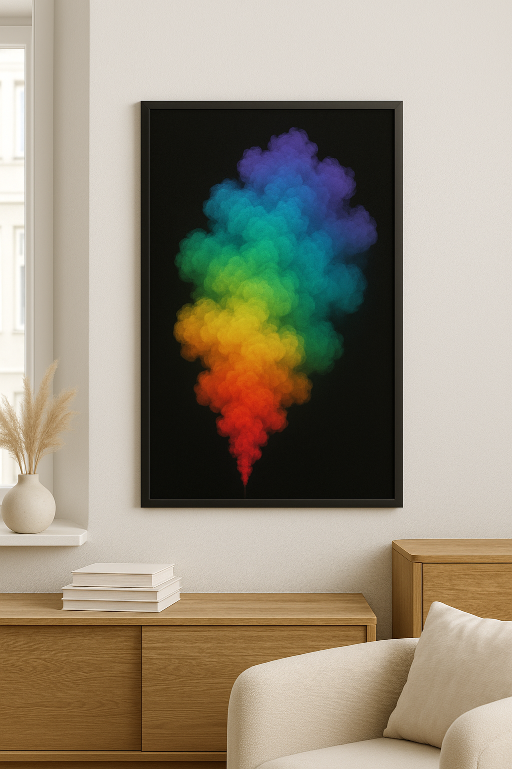 Abstract rainbow smoke art poster design in black frame on wall with modern decor A1 Business-Hub