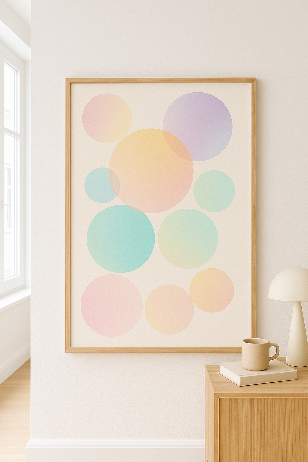 Abstract circles wall art digital download with pastel colors in wooden frame on white wall A1 Business-Hub