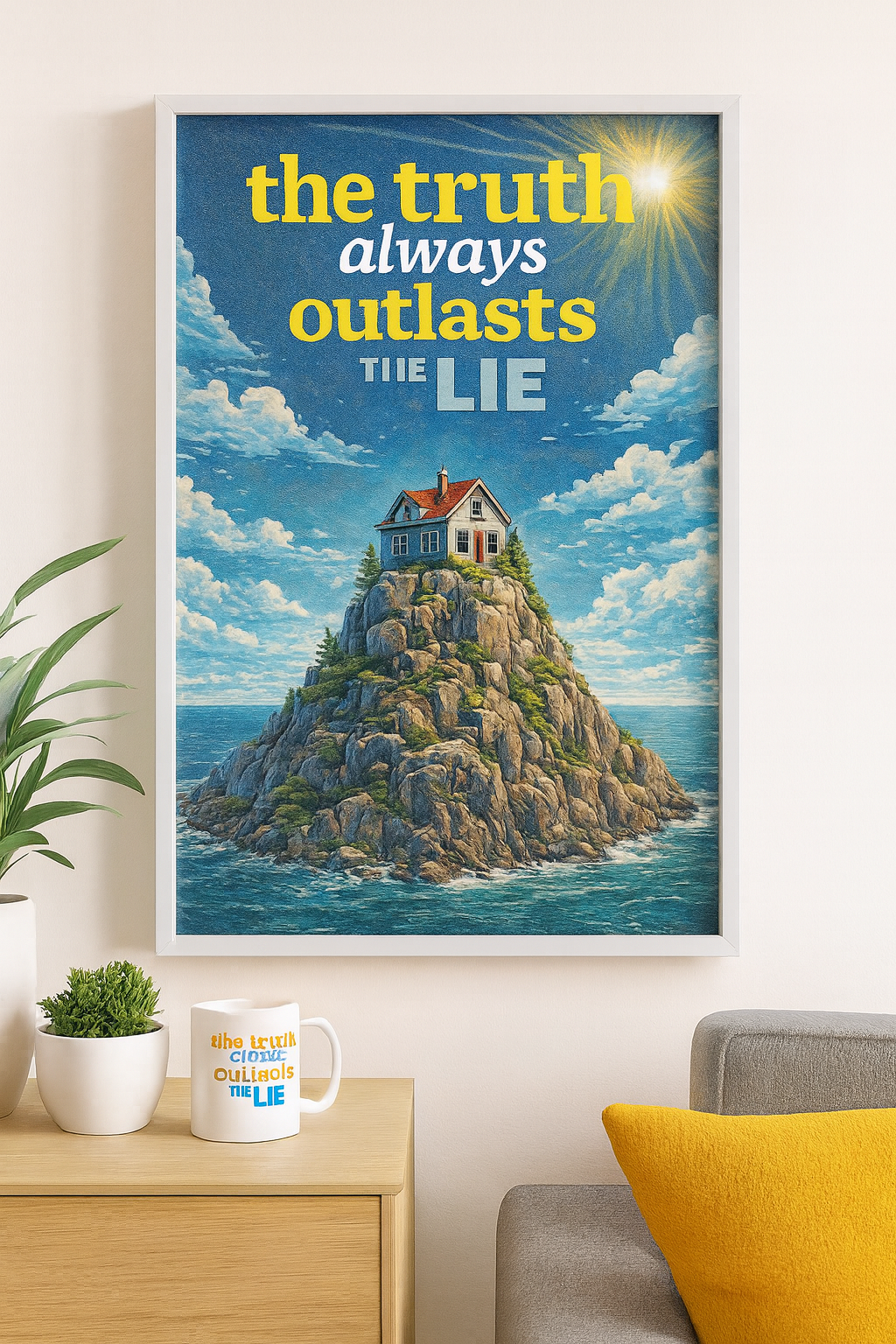 Poster design of a house on rocky island with text the truth always outlasts the lie, digital download A1 Business-Hub