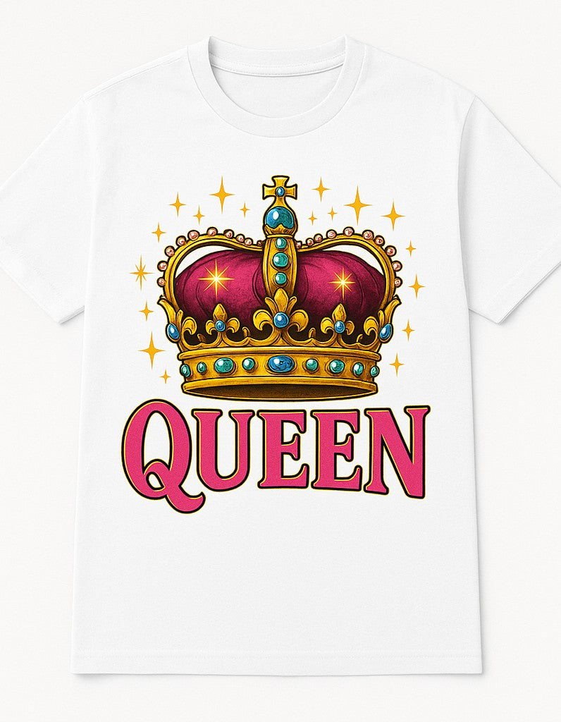 White t-shirt with colorful jeweled crown and pink QUEEN text graphic design A1 Business-Hub