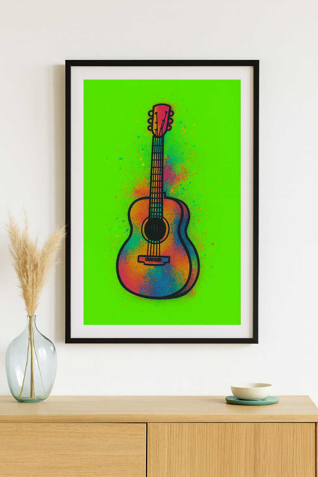 Framed colorful acoustic guitar wall art print with vibrant green background, modern poster design A1 Business-Hub