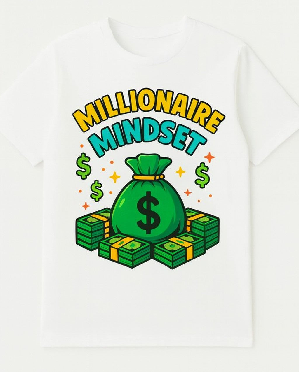 White t-shirt with Millionaire Mindset design featuring money bag and cash stacks A1 Business-Hub
