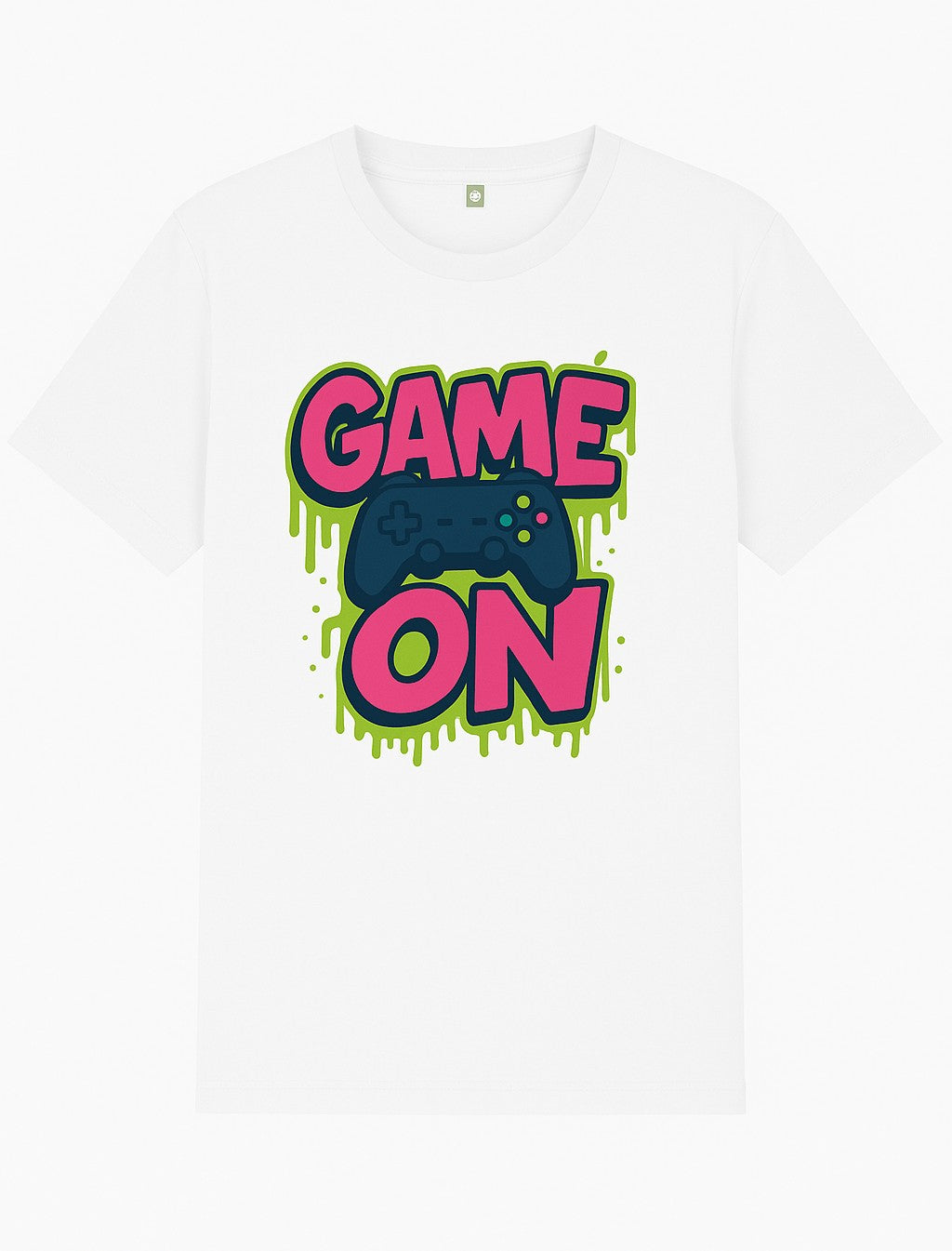 White T-shirt with colorful game controller design and text Game On in pink and green A1 Business-Hub