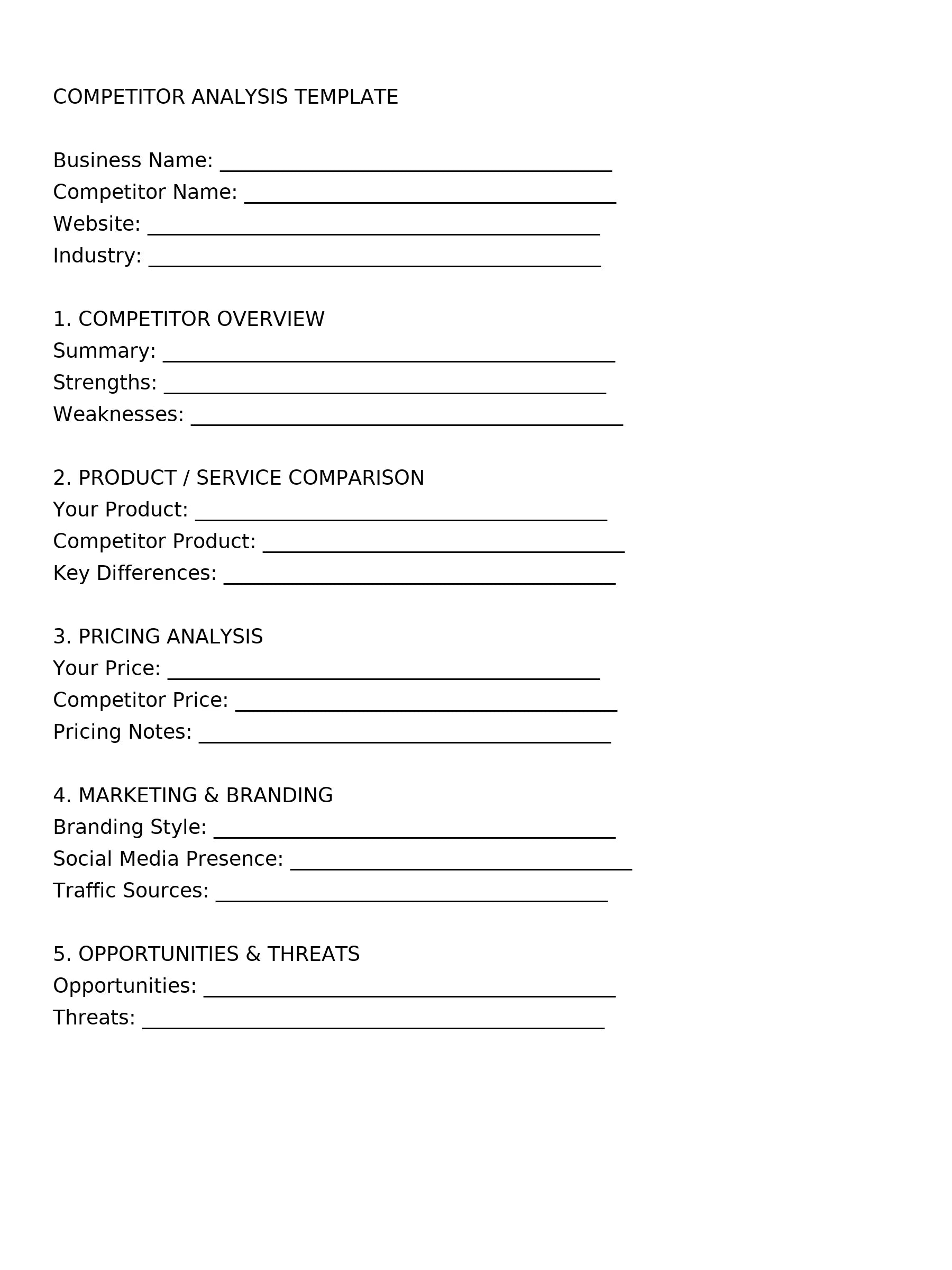 Competitor Analysis Template digital download form for business evaluation and pricing comparison A1 Business-Hub