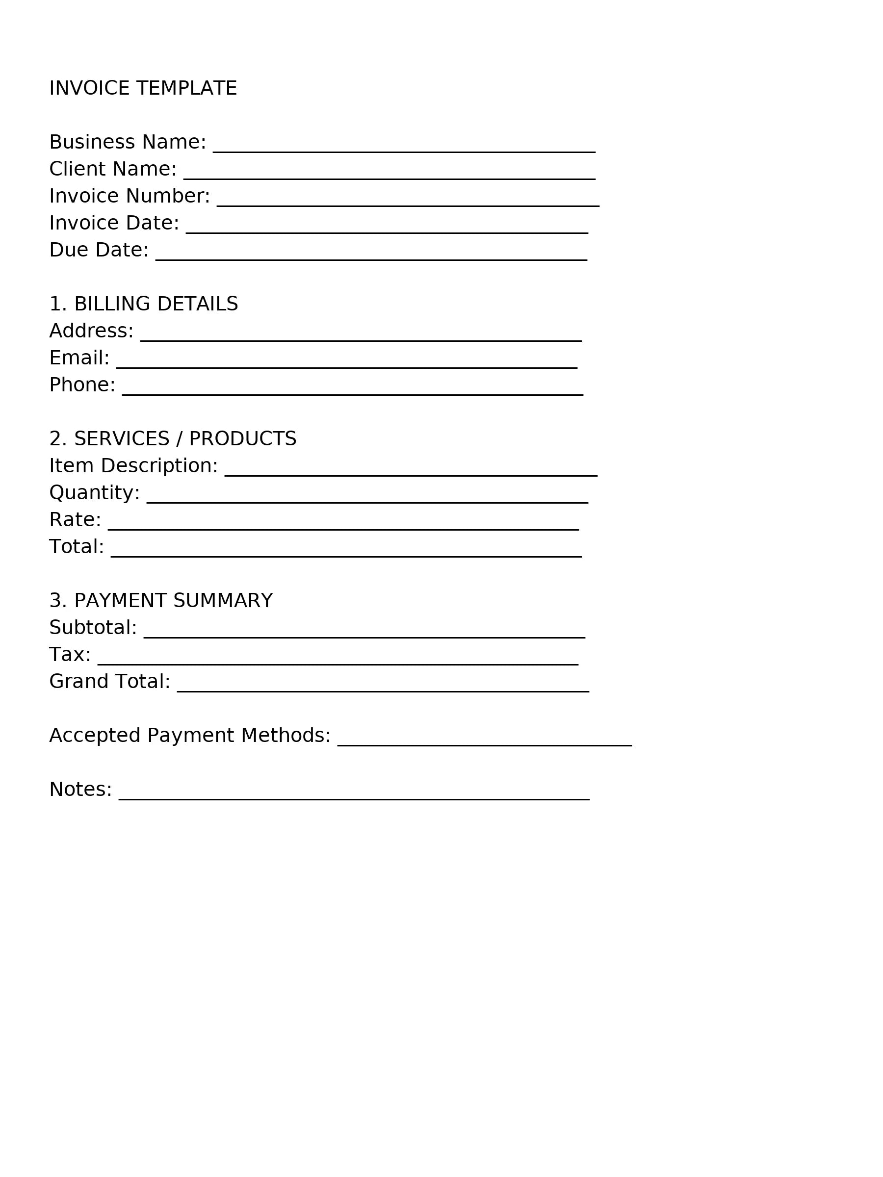 Invoice Template digital download with billing, services, payment summary sections by A1 Business-Hub