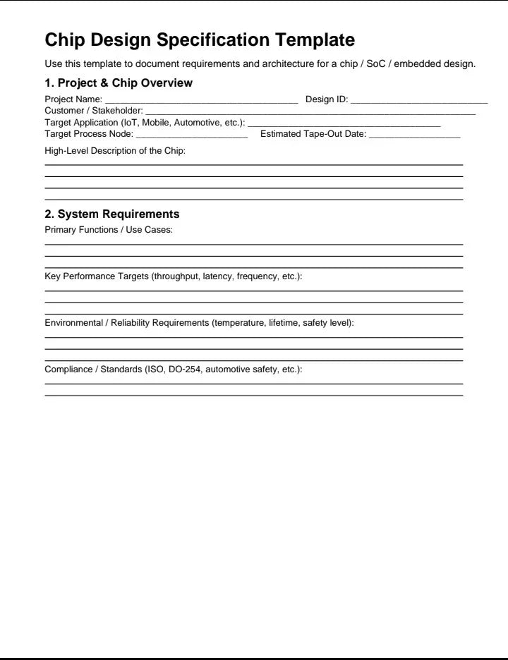 Chip Design Specification Template digital download with sections for project overview and system requirements A1 Business-Hub
