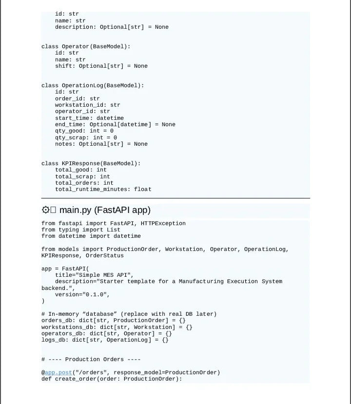Screenshot of FastAPI app Python code for Manufacturing Execution System template backend A1 Business-Hub