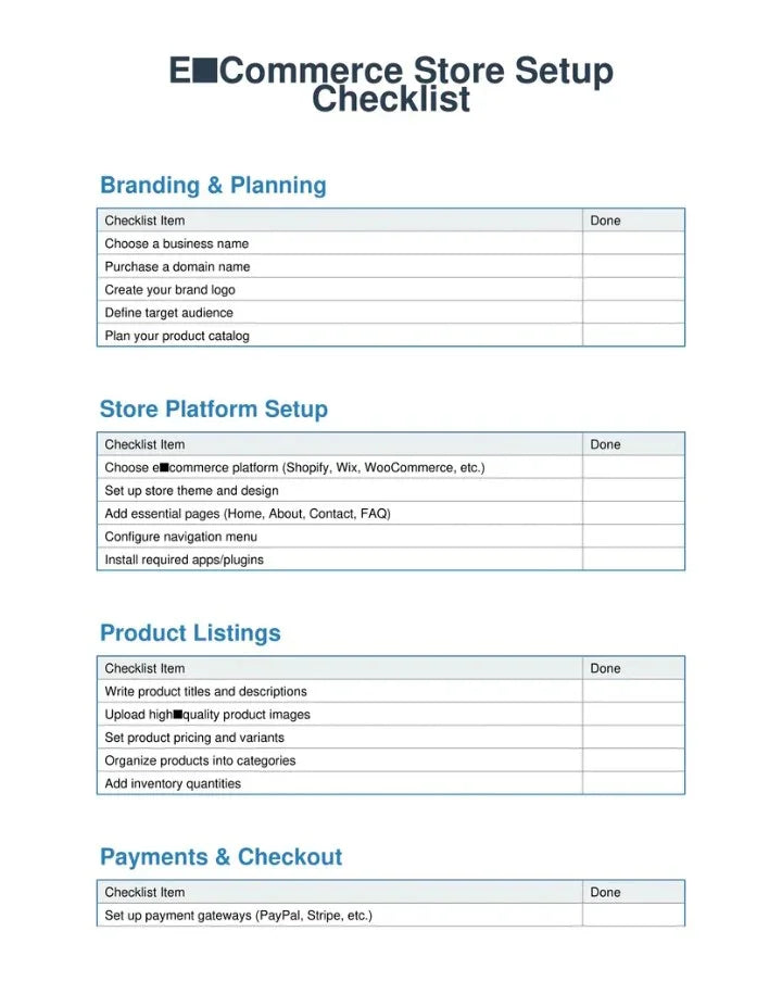 Ecommerce Store Setup Checklist template with sections on Branding, Platform Setup, Product Listings, and Payments by A1 Business-Hub