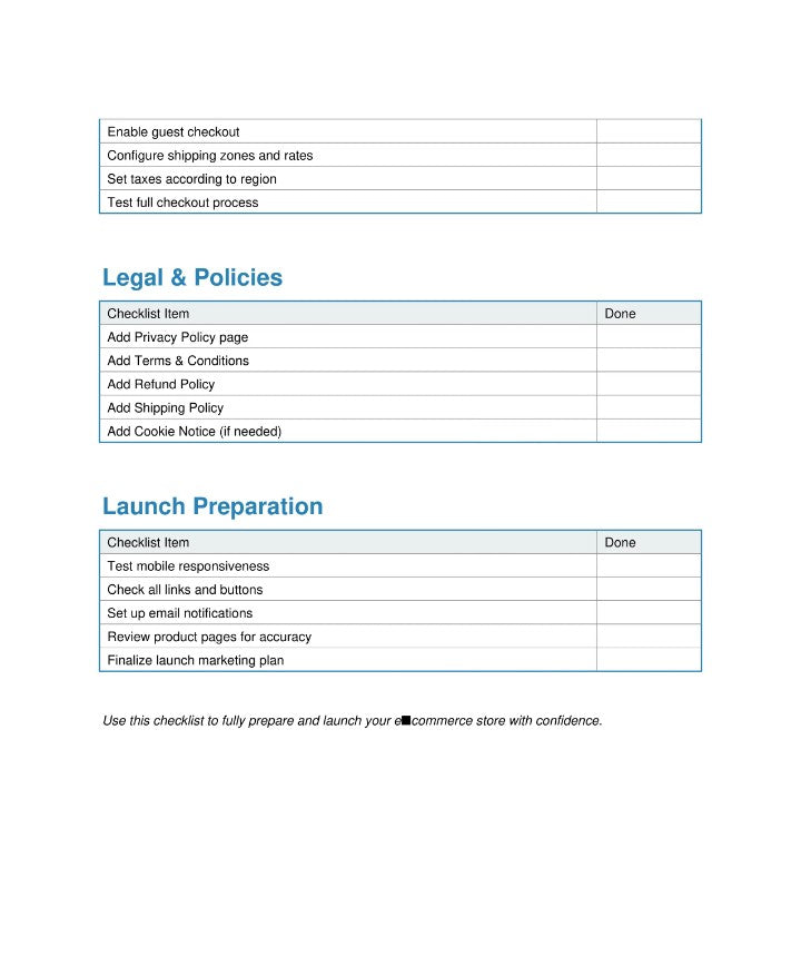 ecommerce store launch checklist template with sections on Legal & Policies and Launch Preparation for digital download A1 Business-Hub