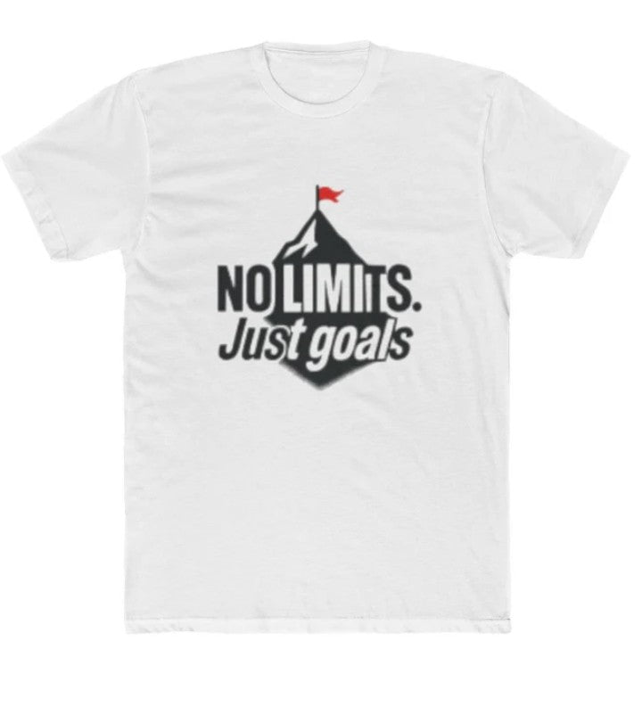 White t-shirt with mountain and red flag graphic and text 'NO LIMITS. Just goals' motivational design A1 Business-Hub