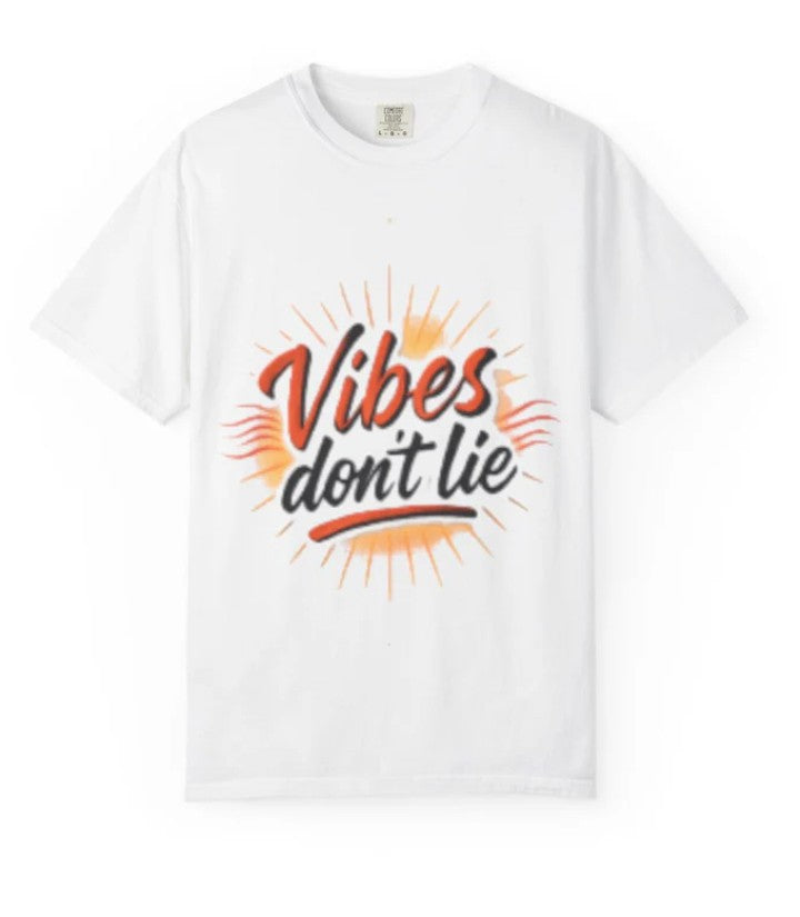 White T-shirt design with orange and black text Vibes don't lie and sunburst graphic, T-shirt design by A1 Business-Hub