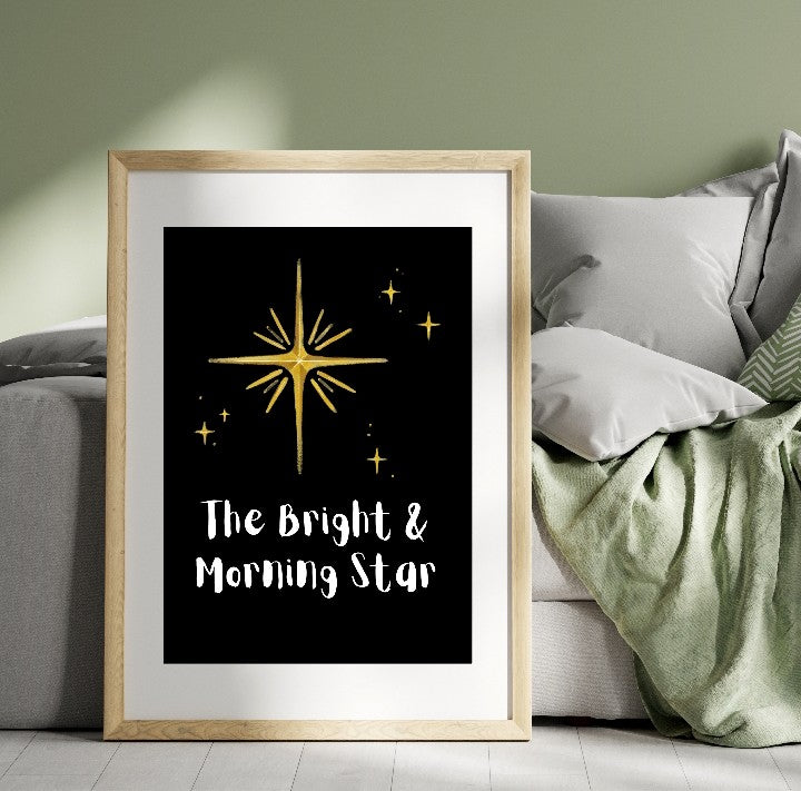 Framed poster design of golden star and text The Bright & Morning Star on black background in cozy room A1 Business-Hub