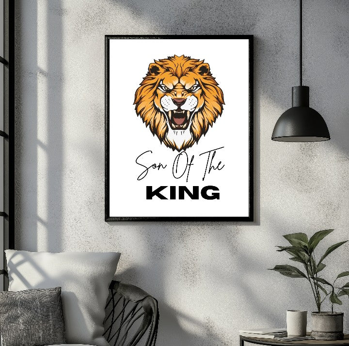 Son Of The King lion head wall art poster design with bold text in modern room setting A1 Business-Hub
