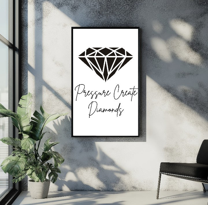 Pressure Create Diamonds poster design with stylized diamond icon on wall in modern room A1 Business-Hub