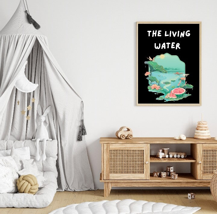 The Living Water poster design with nature illustration in a children's room featuring teepee and wooden toys A1 Business-Hub