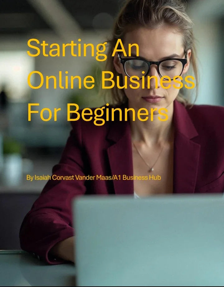Starting An Online Business For Beginners ebook cover with woman in glasses working on laptop, digital download template A1 Business-Hub