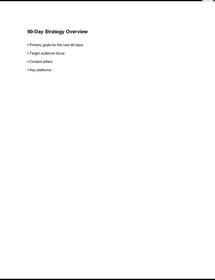 90-Day Strategy Overview template with bullet points for goals, target audience, content, and platforms, digital download A1 Business-Hub