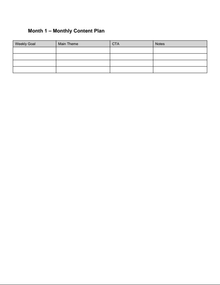 Month 1 Monthly Content Plan template with columns for Weekly Goal, Main Theme, CTA, and Notes, digital download A1 Business-Hub