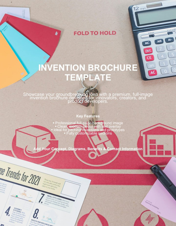 Invention Brochure Template digital download with folded paper, calculator, color swatches, and infographic page by A1 Business-Hub