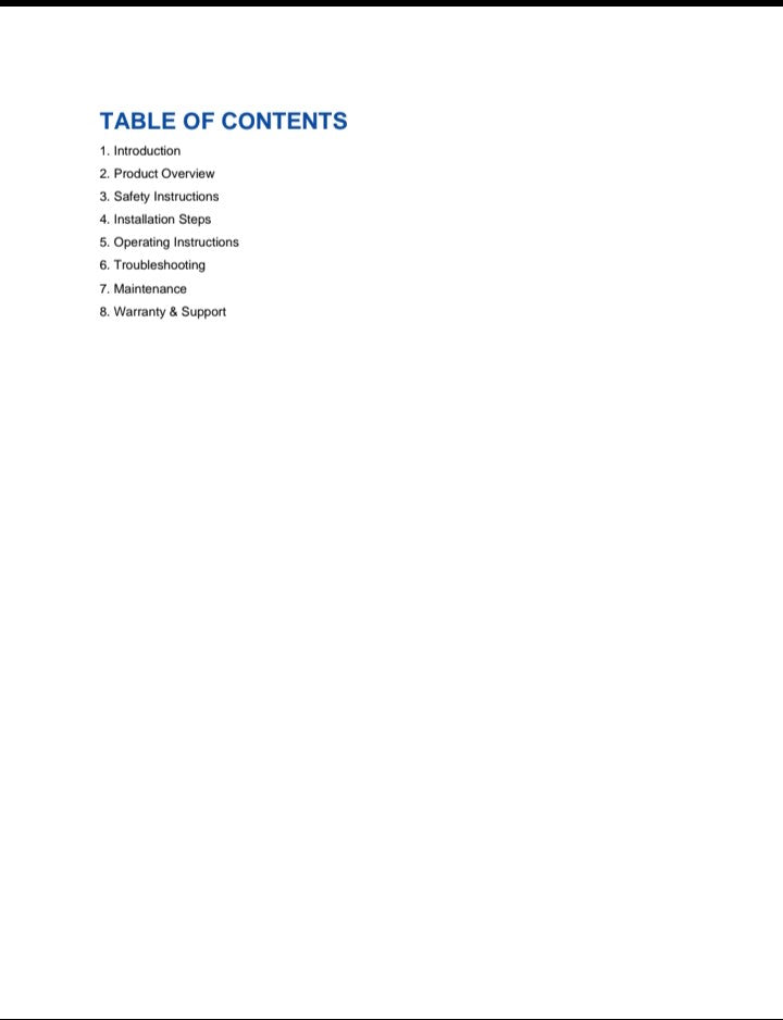 Table of contents page for product manual including safety, installation, maintenance sections from A1 Business-Hub