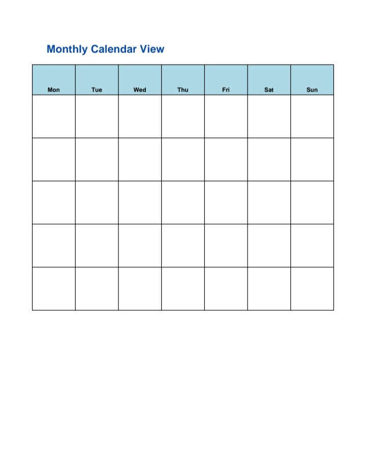 Monthly Calendar View template with empty date grid and blue weekday header, digital download by A1 Business-Hub