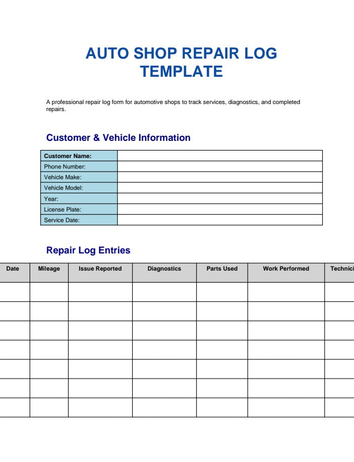 Auto Shop Repair Log Template digital form for tracking vehicle service details and repairs A1 Business-Hub