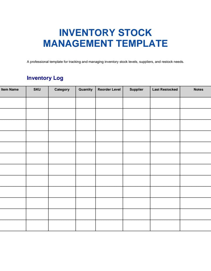Inventory Stock Management Template digital download with inventory log table for tracking stock levels and suppliers A1 Business-Hub