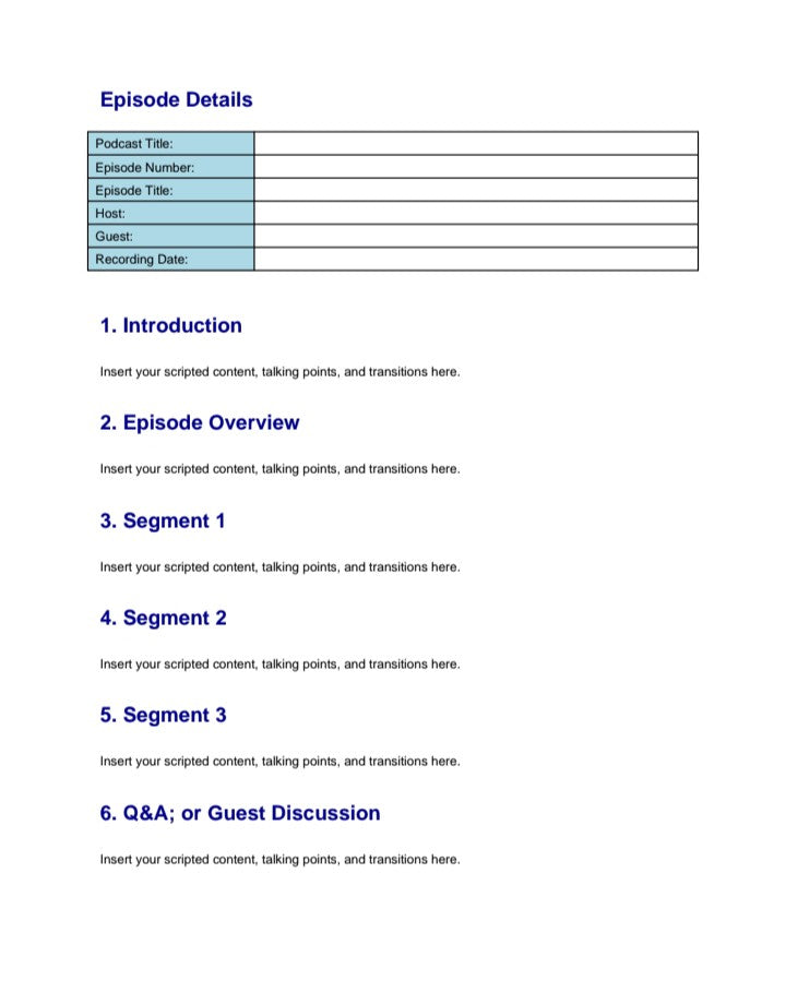 Podcast episode outline template with sections for title, host, guest, and scripted content A1 Business-Hub