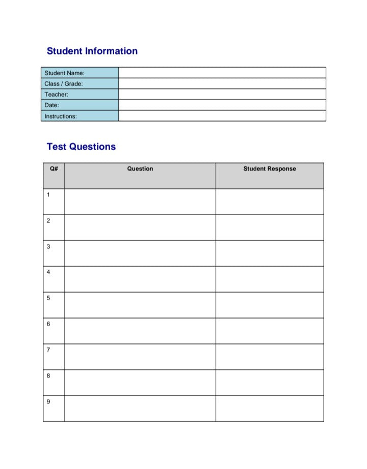 Blank student test question template with sections for information and responses digital download A1 Business-Hub