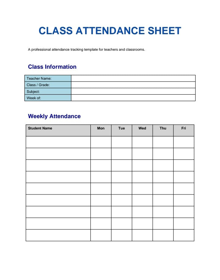 Class Attendance Sheet template for tracking weekly student attendance in classrooms, digital download by A1 Business-Hub