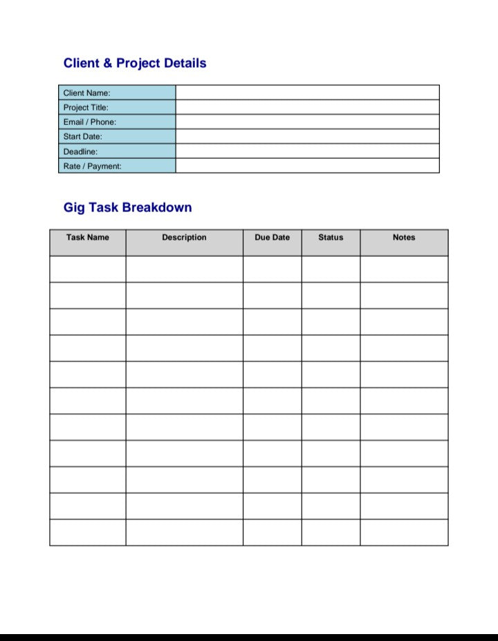 Client & project details and gig task breakdown template with fields for task name, due date, status, and notes, digital download by A1 Business-Hub