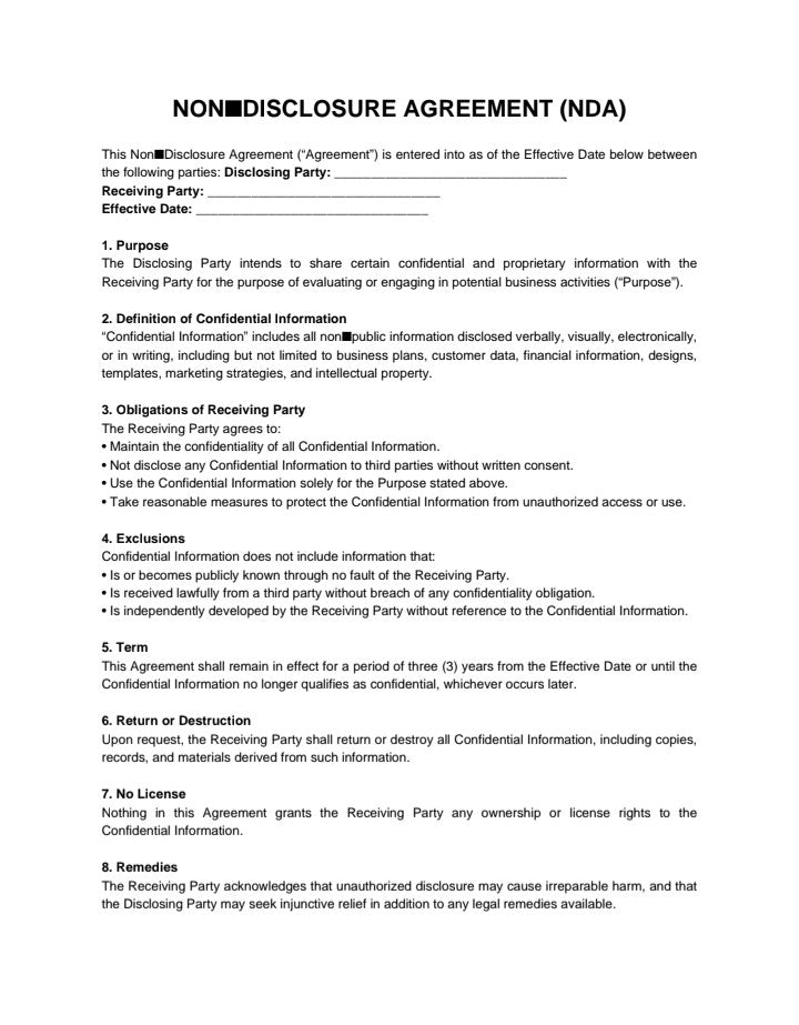 Non Disclosure Agreement (NDA) template digital download showing confidentiality terms and obligations, A1 Business-Hub