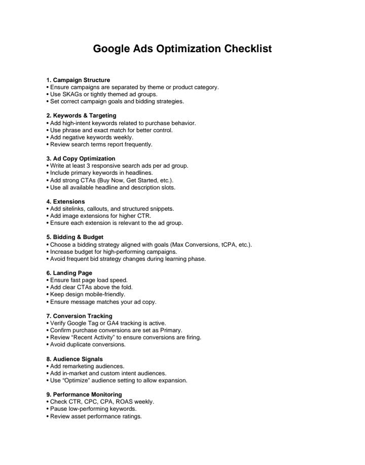 Google Ads Optimization Checklist text document template with campaign structure and bidding tips A1 Business-Hub