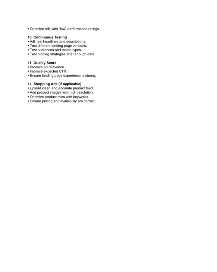 Digital text page listing marketing tips including continuous testing quality score and shopping ads A1 Business-Hub