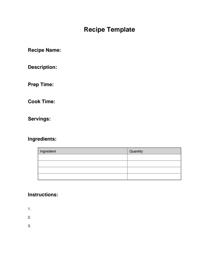 Recipe Template digital download with fields for name, description, prep time, cook time, servings, ingredients table, and instructions by A1 Business-Hub