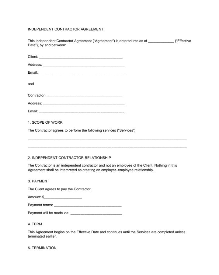 Independent Contractor Agreement template document with sections for client and contractor details, scope of work, payment terms, and termination, digital download by A1 Business-Hub