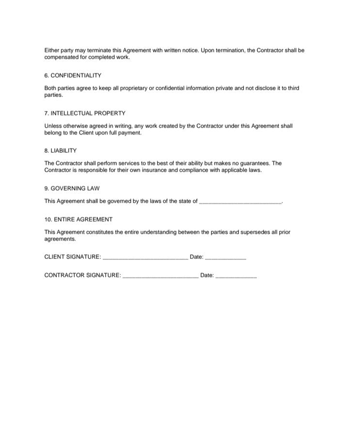 Contractor Agreement template page showing termination, confidentiality, intellectual property, liability, governing law, and signature sections A1 Business-Hub