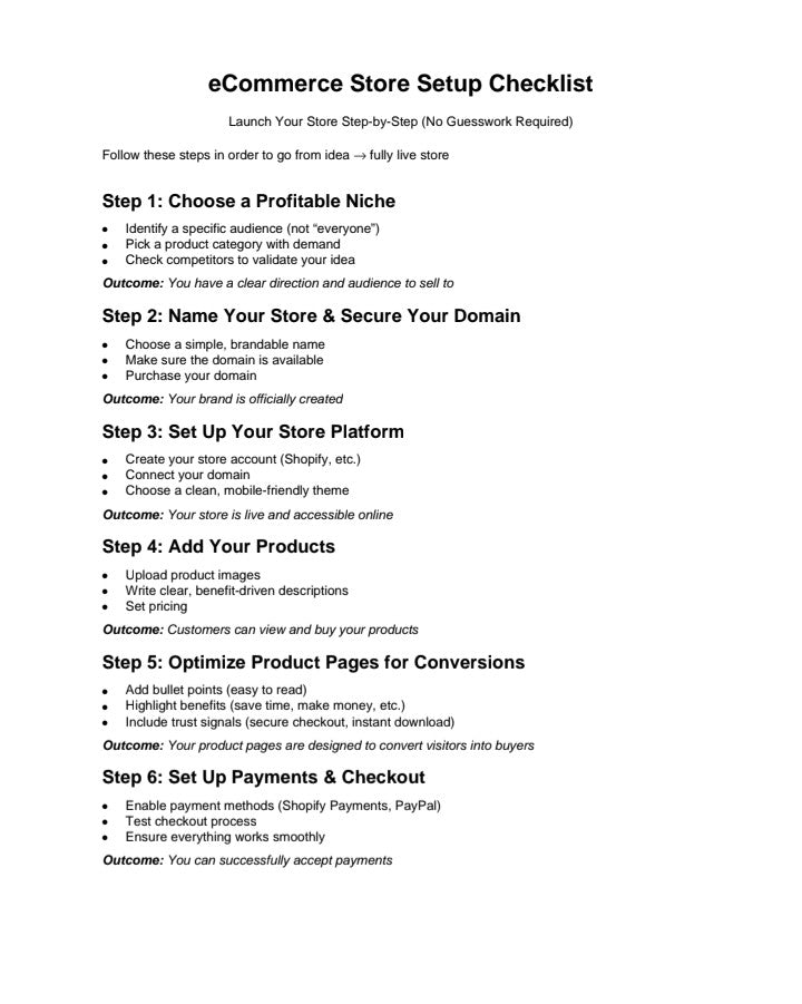eCommerce store setup checklist digital download template with step-by-step instructions.