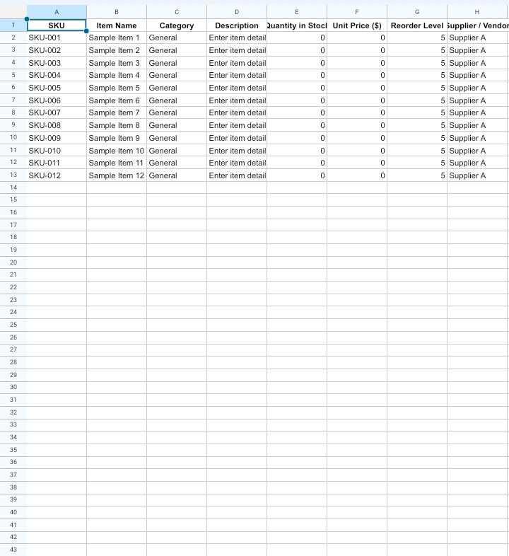 Inventory spreadsheet digital template showing SKU, item name, category, supplier columns.